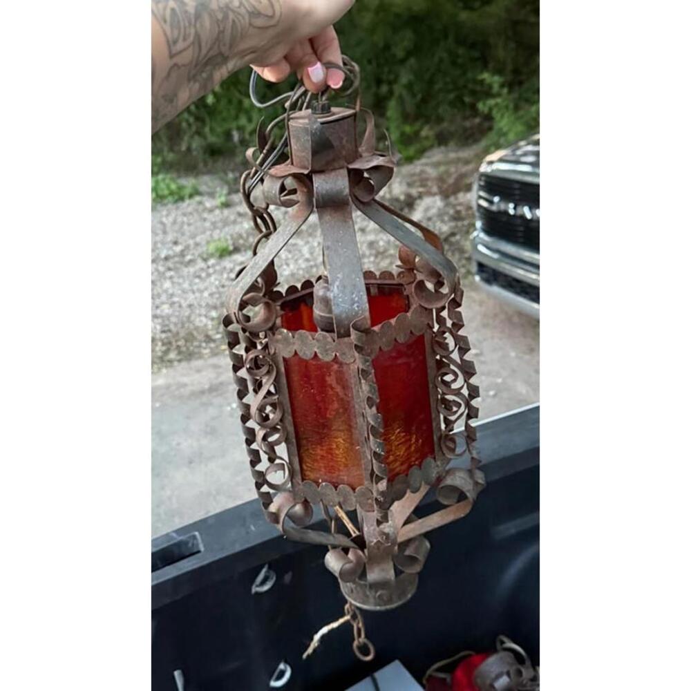 Set of 2 Vintage Wrought Iron Hanging Lanterns with Amber Glass